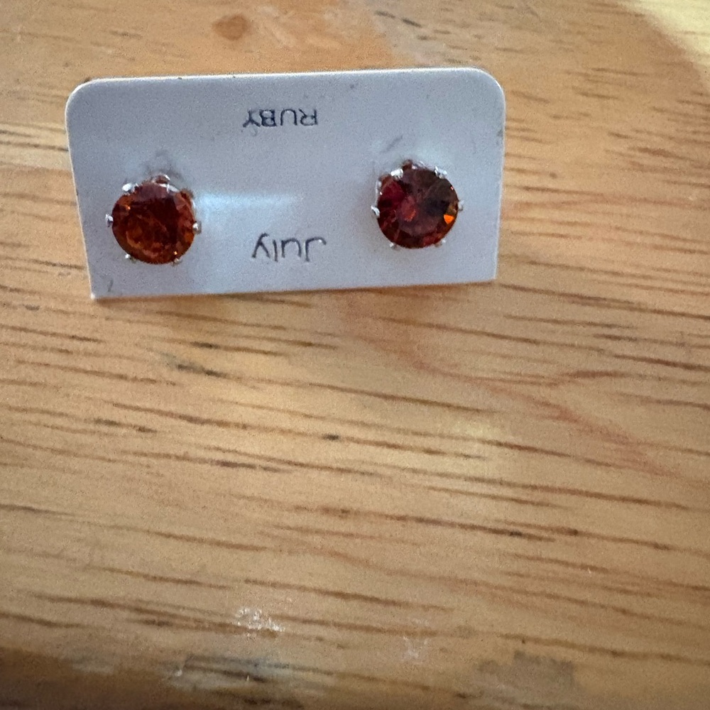 Ruby Colored Stud Earrings In Gold Setting - image 3